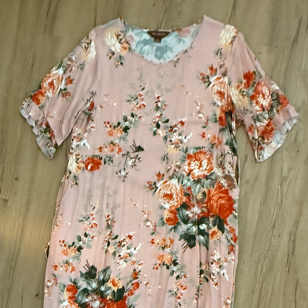 April Cornell Floral Pink Dress with Ruffle Sleeves